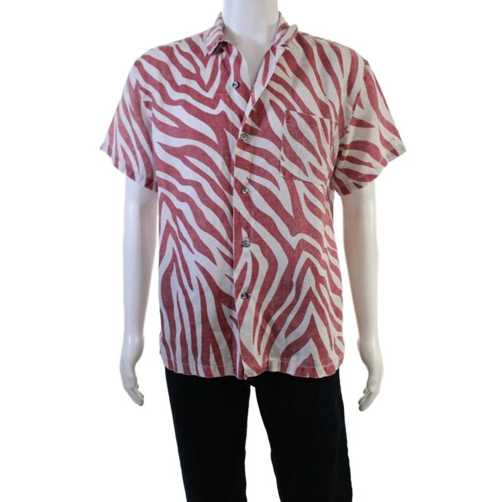 Double Rainbouu Mens Linen Striped Short Sleeve Button Up Shirt Red Size XS